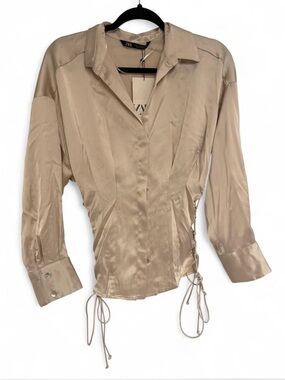 Zara Satin Beige Button-Down Blouse with Side Drawstrings